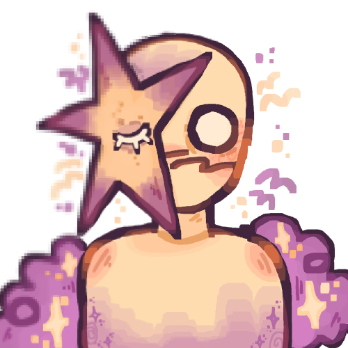 a drawing of a pale yellow person with blank circular white eyes. There is a pixilated yellow and purple star covering the right half of their face. Surrounding their torso there are purple clouds with yellow stars in them and also surrounding their head there is yellow and purple squiggly lines.